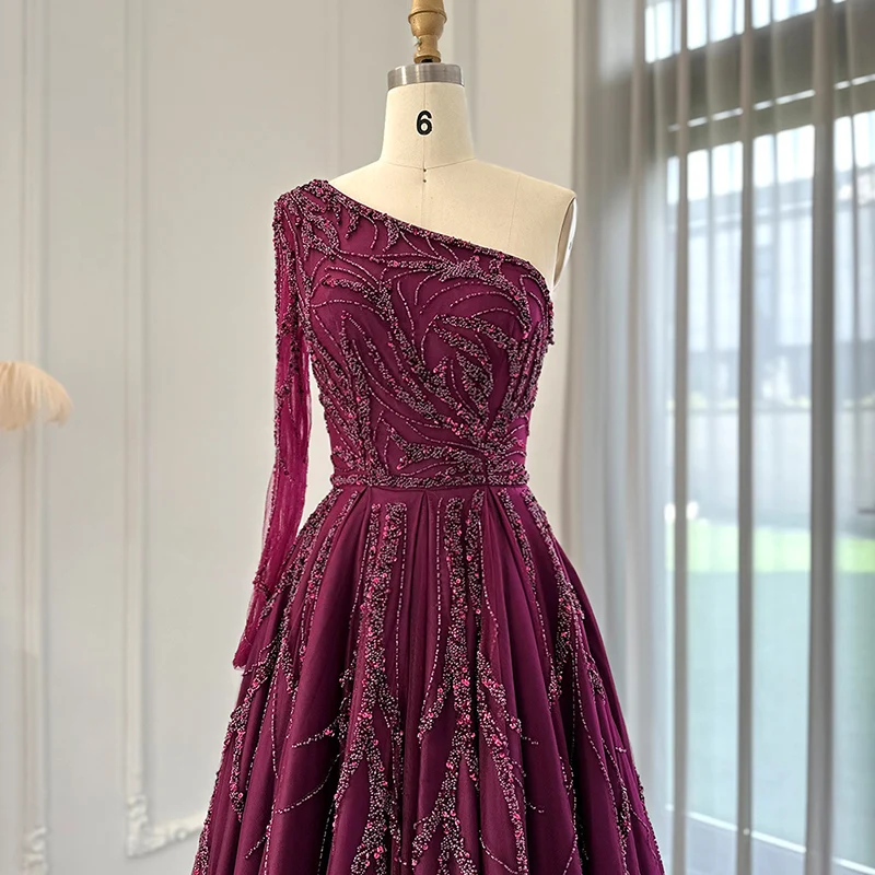 Lscz144-2 Luxury Dubai One Shoulder Fuchsia Evening Dresses For Women Wedding Elegant Arabic Long Sleeve Formal Gowns