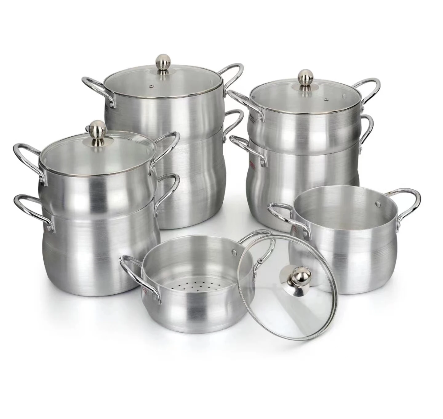 Customized from factory belly shape aluminum material cooking pot set with steam pot