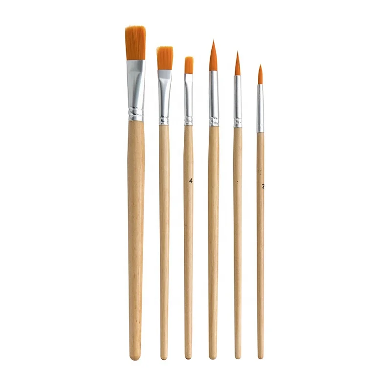 6 Piece Flat Peak Nylon Brushes Oil Brush Birch Rod Set For Watercolor Acrylic Gouache Oil Painting