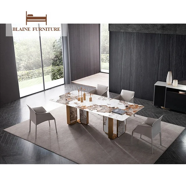 High Quality Price Brass Leg Marble Top Dining Table Set 6 Seater Chair Modern Luxury Marble Metal Dining Tables
