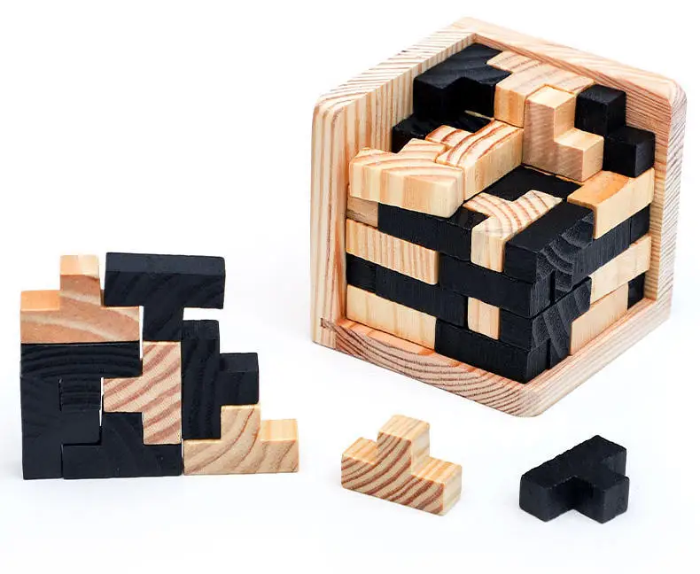 Brain Teaser Cube Puzzle Toy 3d Wooden Brain Teaser 54 Pieces T-shaped Blocks Geometric Puzzle Educational Toy