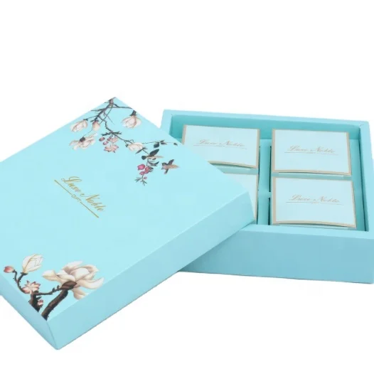 high quality custom logo food grade art paper durian mooncake sky blue packaging paper box with 4 dividers