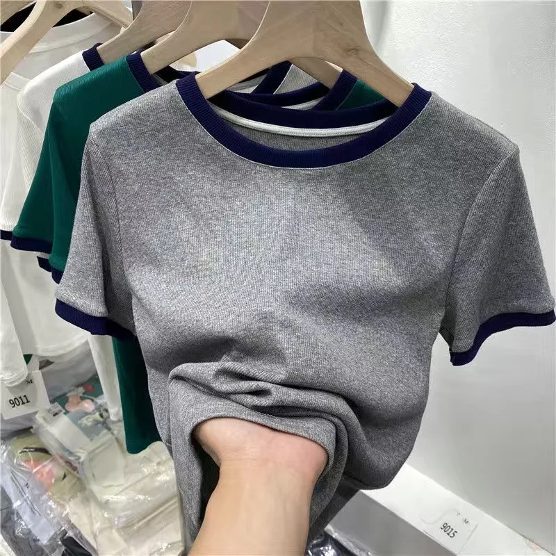 Custom Women Ringer T Shirt O-Neck 180 Grams Short Sleeve Tagless Blank t shirt 100%Cotton/Polyester black ringer tshirt