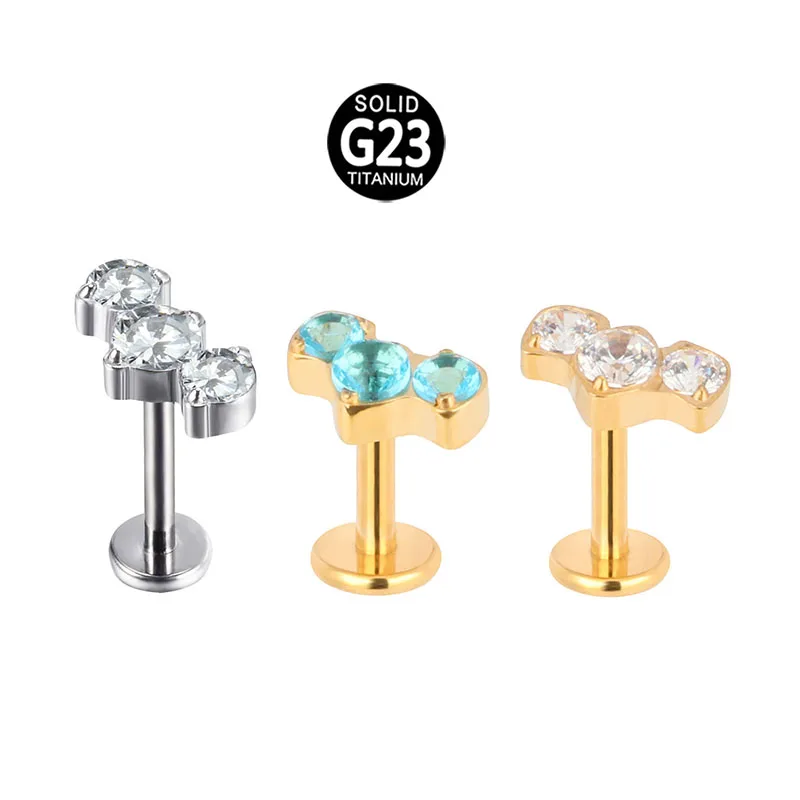 Wholesale ASTM F136 Titanium 3 CZ Curve Internally Threaded Studs Labret Earring Women Body Piercing Jewelry