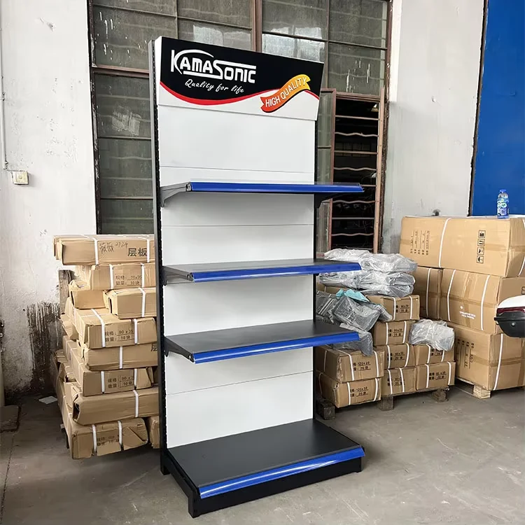 Factory price multi layers steel supermarket shelf high quality metal double single sided fixed rotary used gondola shelves