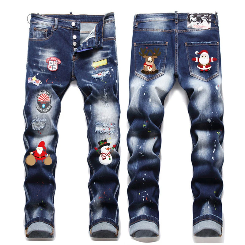 Christmas Custom Logo Men Fashion Denim Jeans Plus Size Breathable Comfortable Slim Jeans Pants For Men