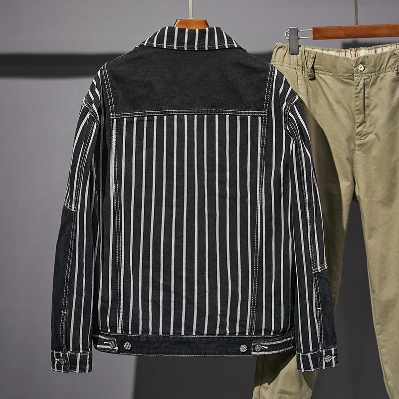 MDJ008 ODM OEM hot sale fashionable denim tops high street outdoor wear loose jacket striped design denim jackets men