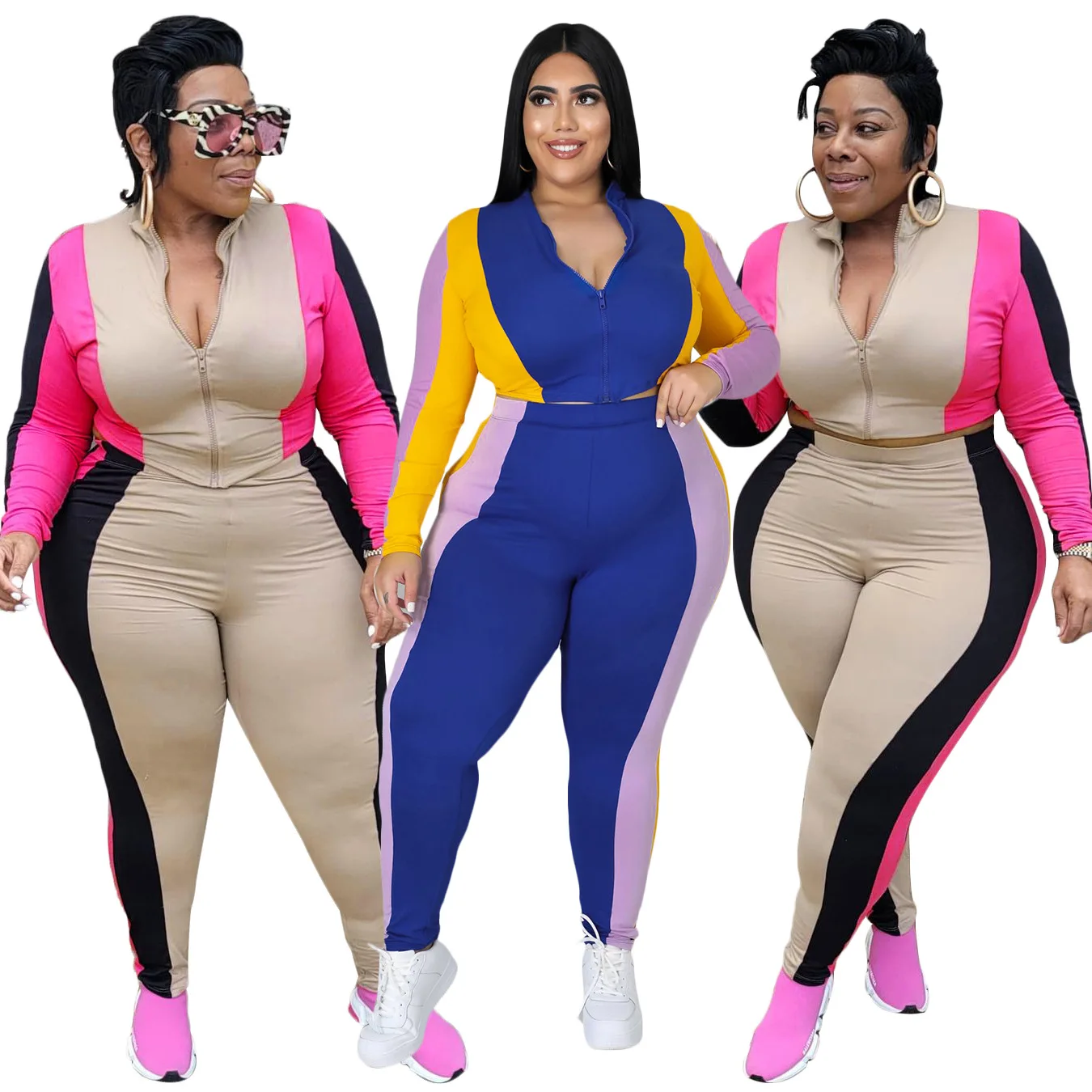 Plus size women casual contrast color stitching long sleeve zipper coat Long pants 2 piece sets