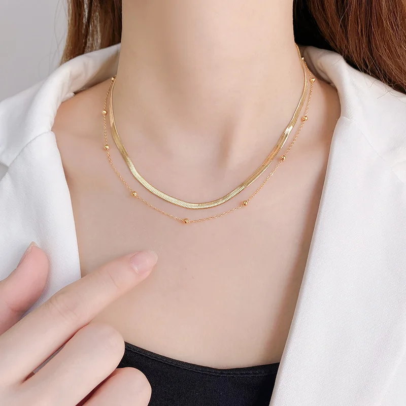 Double Layer Necklace Stainless Steel Chain Choker for Women, 18K Gold Plated Snake Bead Chain Link Necklaces