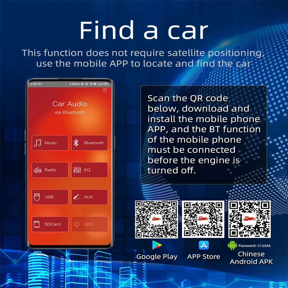 Car Radio Bluetooth 1 Din MP3 Player Handsfree A2DP Type C USB TF Aux APP Remote Cell Phone Holder Audio System Head Unit D3400