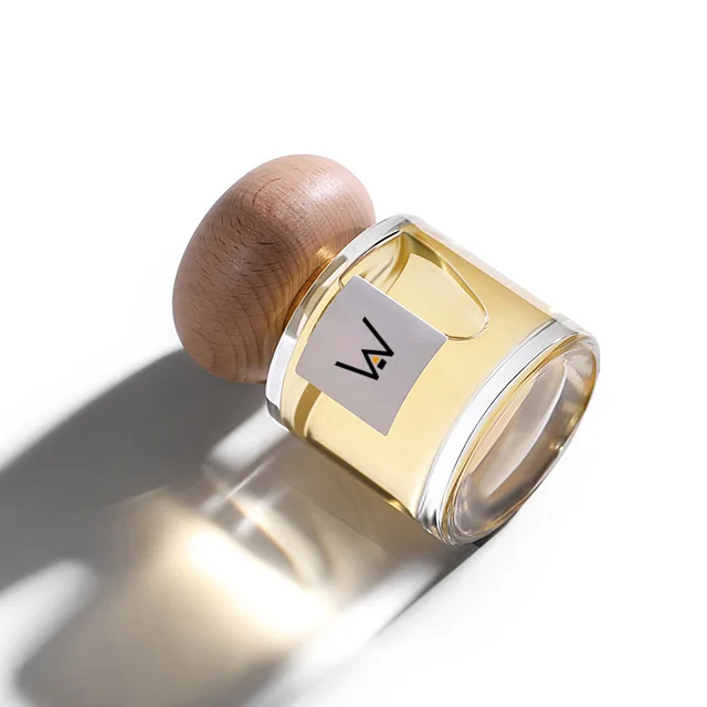 Modern 50ml round Corner Spray Perfume Bottles Wooden Crown Cap Elegant Lids Packaging