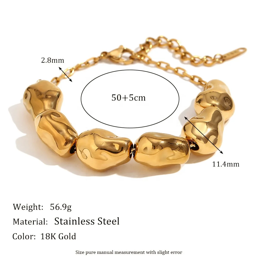 European and American Stainless Steel 18k Gold Irregular Smooth Iron Bead Bracelet, Anti Allergic and Non Fading Earring Jewelry
