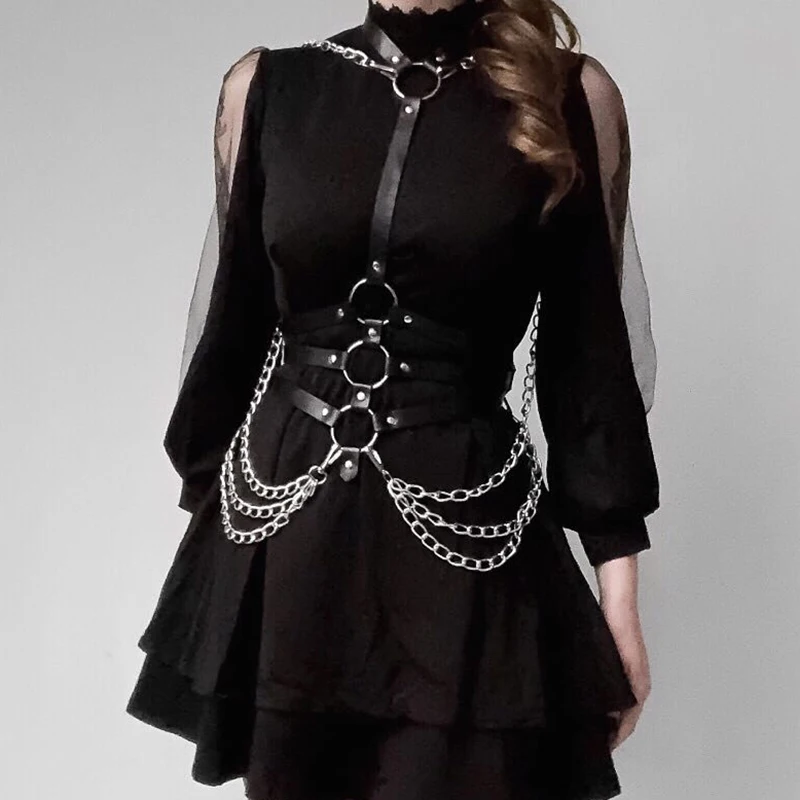 Bondage Chain Leather Harness Woman Belt Punk Women Harness Pole Dance Strap Sexy Lingerie Belts Suspender Leather Body Set Rave