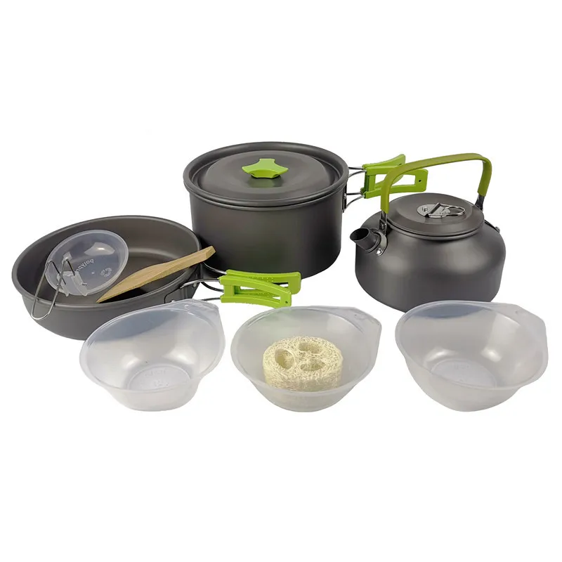 2022 Outdoor Camping Cookware Set Portable Tableware Cooking Travel Utensils Pot Pan Hiking Picnic Tools Green Handle Pot