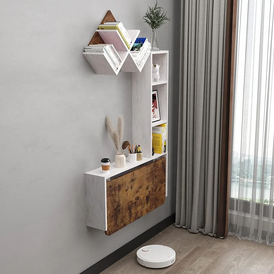 Multi-Functional Moveable Wooden Folding Wall-Mounted Office Desk Space-Saving Floating Laptop Computer Modern Rustic Home