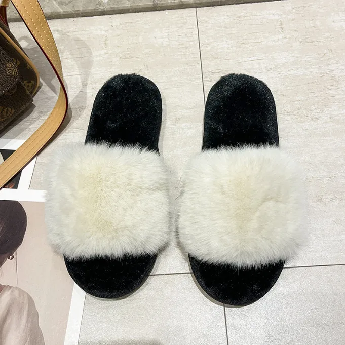 wholesale ladies dressing  fashion open toe fur flip-flops furry home  house slides slippers  women flat slippers