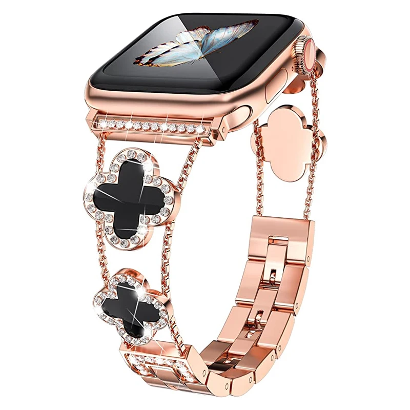 Rose Gold Cute Luxury Metal Diamond Slim Glitter For Apple Watch Band 38mm 40mm 42mm 44mm 45mm iwatch Band for Women Bling