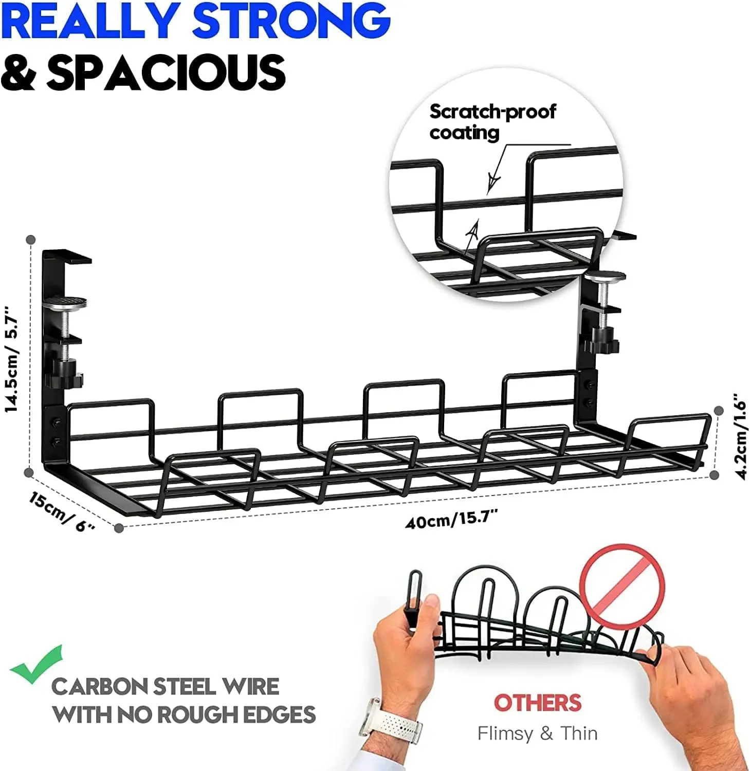 home Office No Drill Table adjustable Wire Under Desk Cable Cord Management Tray Organizer Holder rack for Desk with Clamp