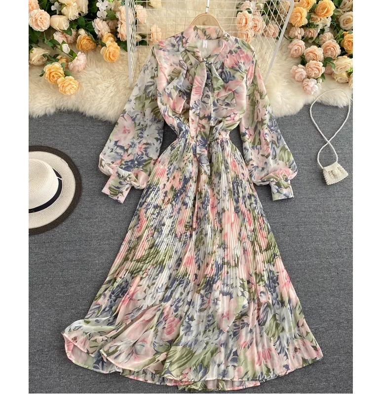 Wholesale Spring Fall Women Long Sleeve Printing Maxi Casual Pleats Dresses For Ladies