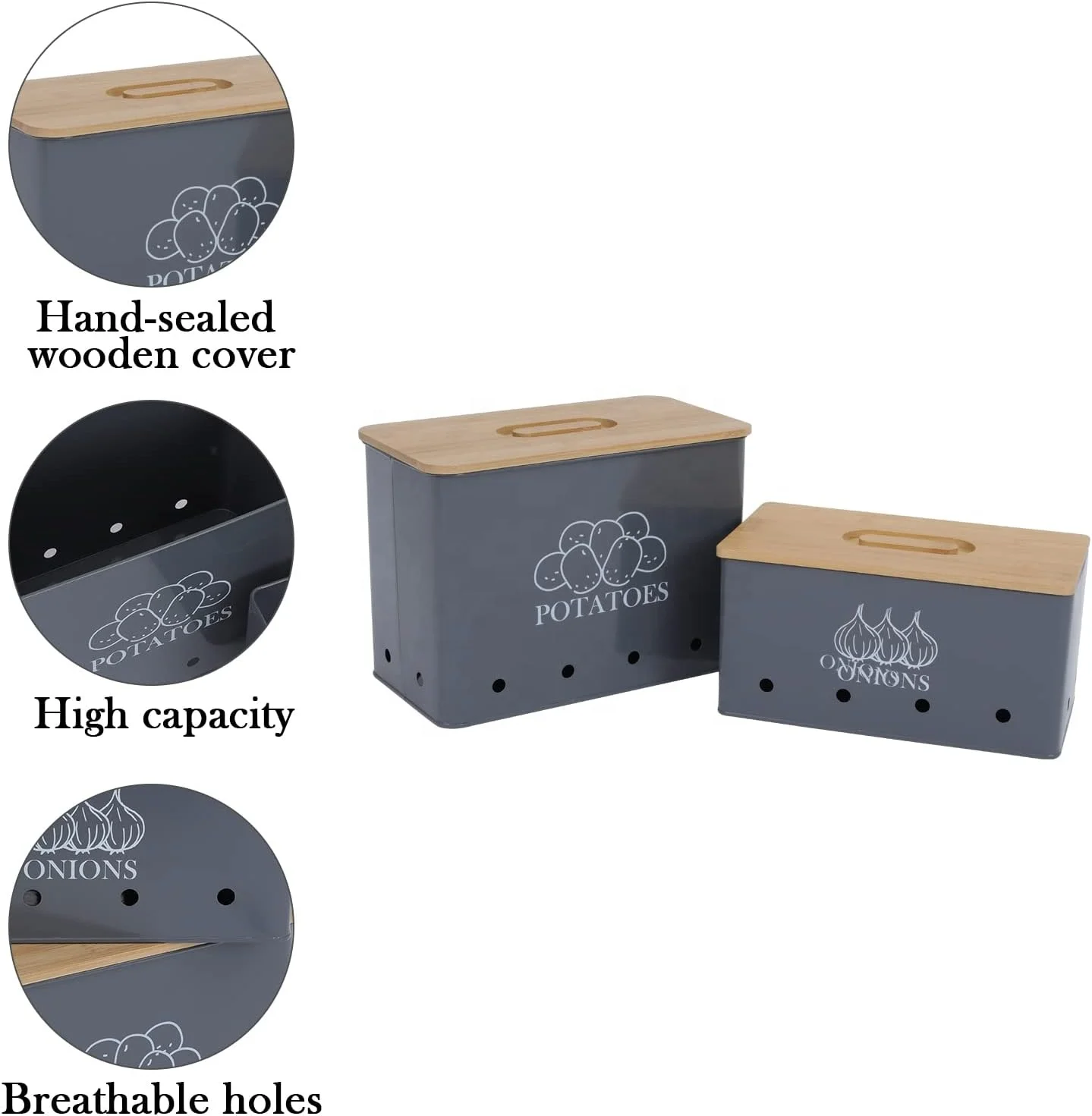 Set of 2 Stacking Kitchen Vegetable Fruits Storage Boxes for Potato Onion  Garlic with Bamboo Lid