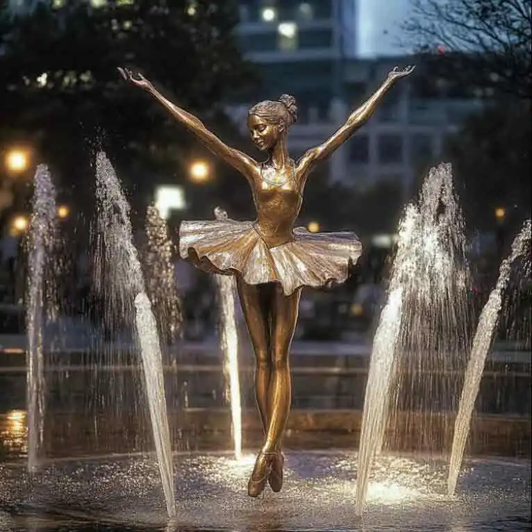 Custom public art brass ballerina statue Water skirt fountain Bronze sculpture