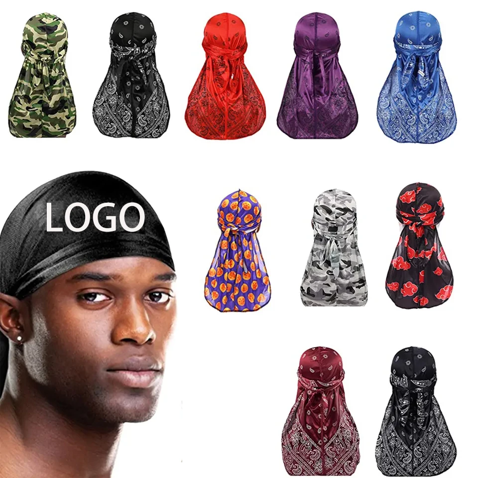 wholesale Custom LOGO Manufacturer silky hair Extra Long Tie Headband turban hat velvet design printed bonnet durag for men