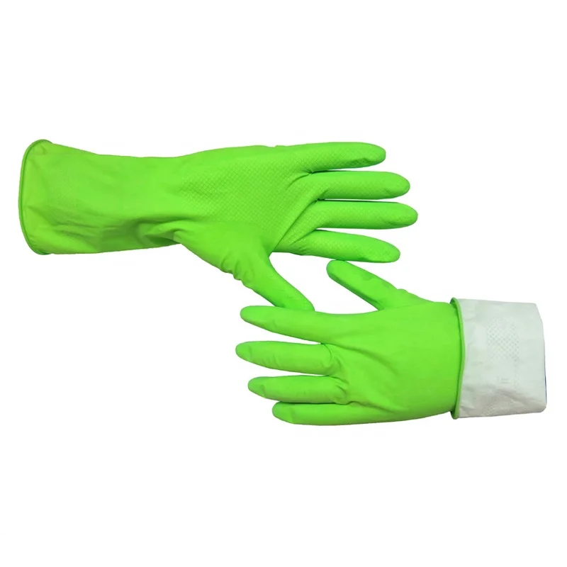 Custom Woman Red Latex Natural Rubber Household Dish-washing Cleaning Glove Spray Flock Liner Gloves Diamond Grip Straight Cuff
