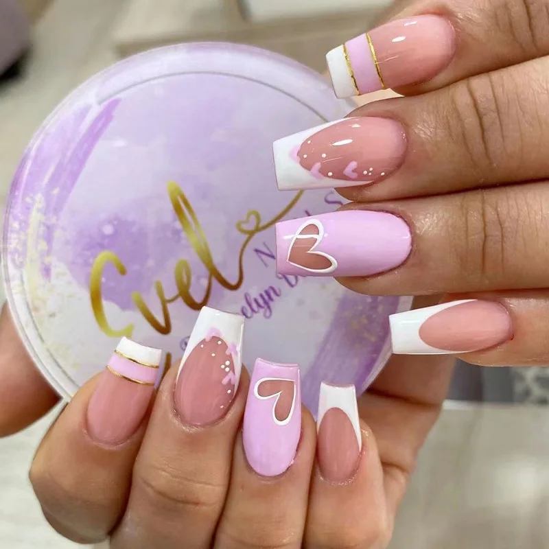 Pink flower rhinestone fake nails wholesale pink artificial nails press on nails