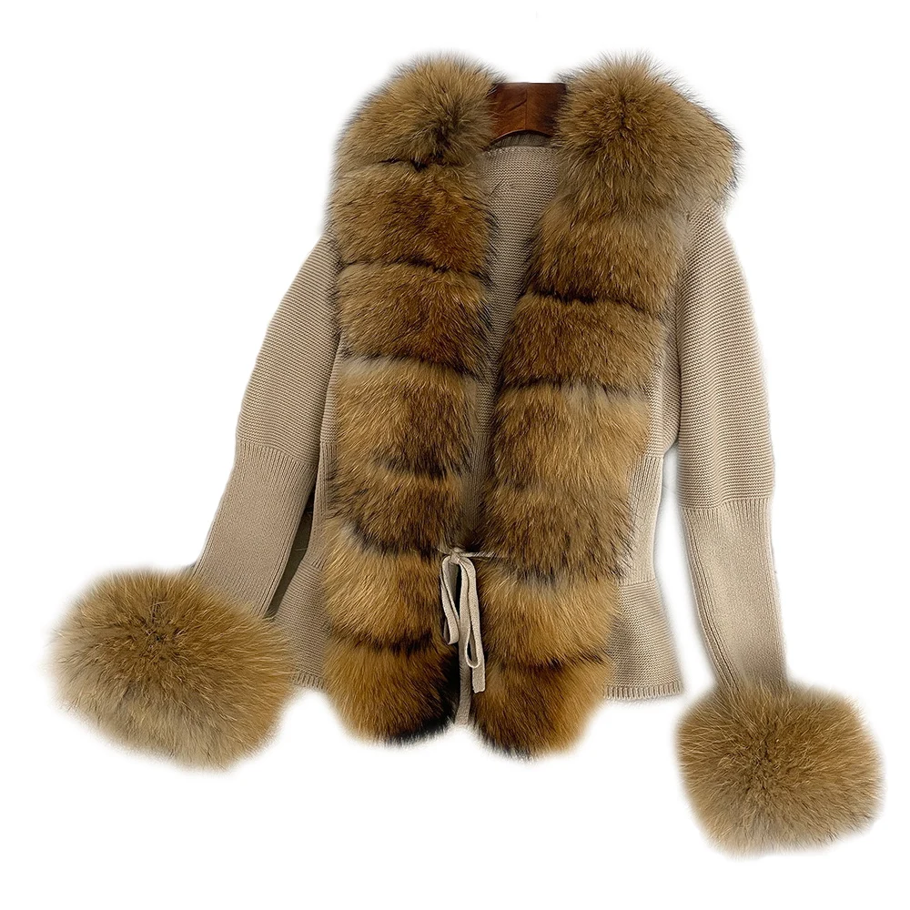 CX-G-A-291A Winter Warm Fur Sweater Women Knitted Belt Coat With Detachable Raccoon Fur Collar Cuffs