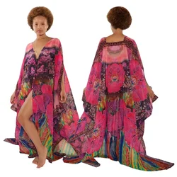 J&H 2023 new fashion moroccan kaftan vintage printed v neck loose chiffon maxi dress free size ladies abaya dresses