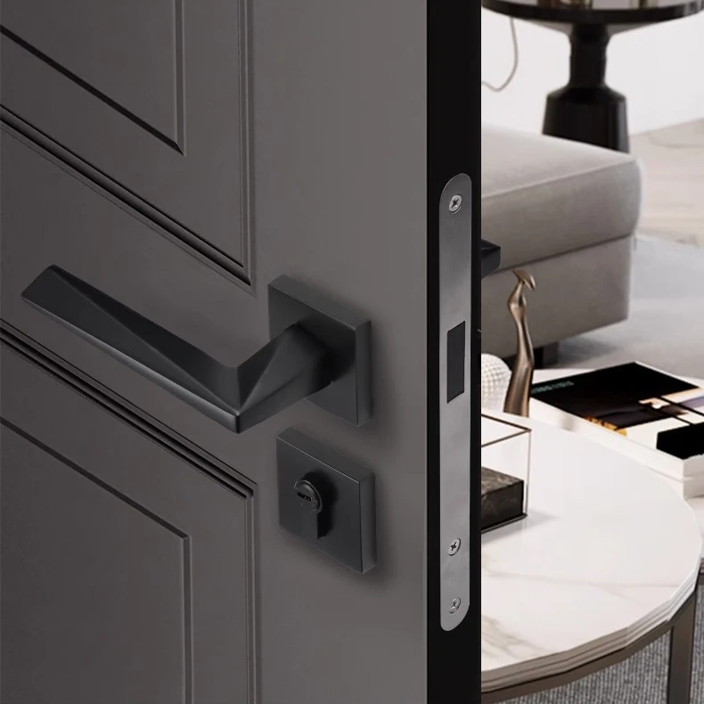 Modern Door Hardware Square Rosette Zinc Alloy Room Black Door Lever Handle Interior Silent Privacy Lock Mortise Door Handle