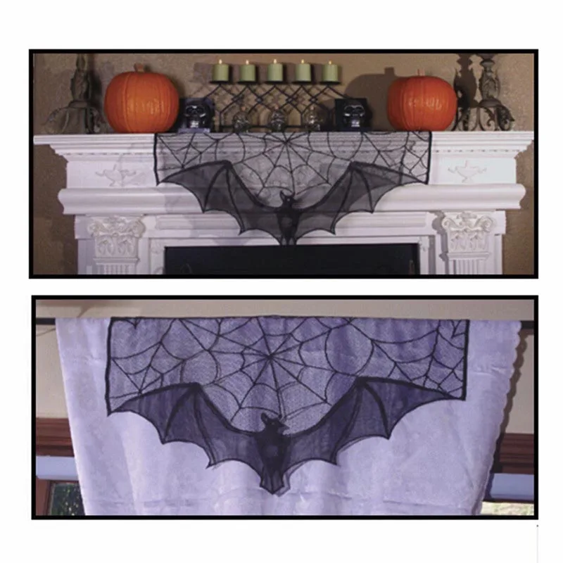 
Vlovelife Black Lace Bat Spider Web Fireplace Mantle Window Curtain Door Panel Scarf Halloween Decoration 
