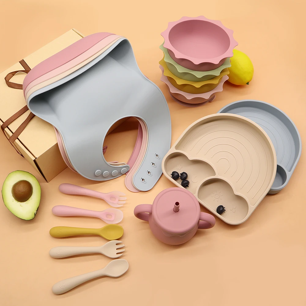 Factory Wholesale BPA Free Eating Tableware Plate Dish Toddler Kids Bib Silicone Feeding Set Baby Bowl With Suction