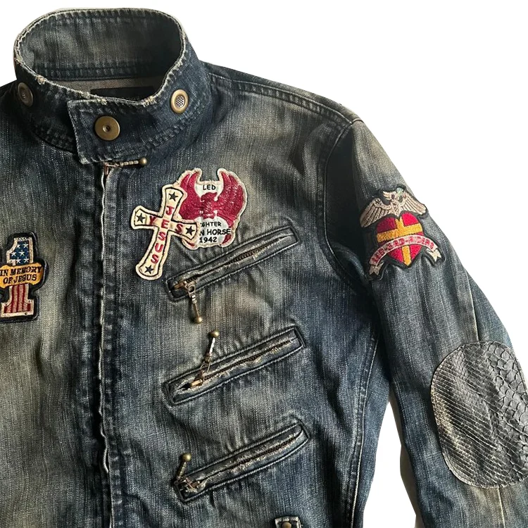 Outdoor Winter Handsome Vintage Jean Jackets for Men Leather Stand Customized Logo Leather Fabric Woven Denim Jacket Embossed