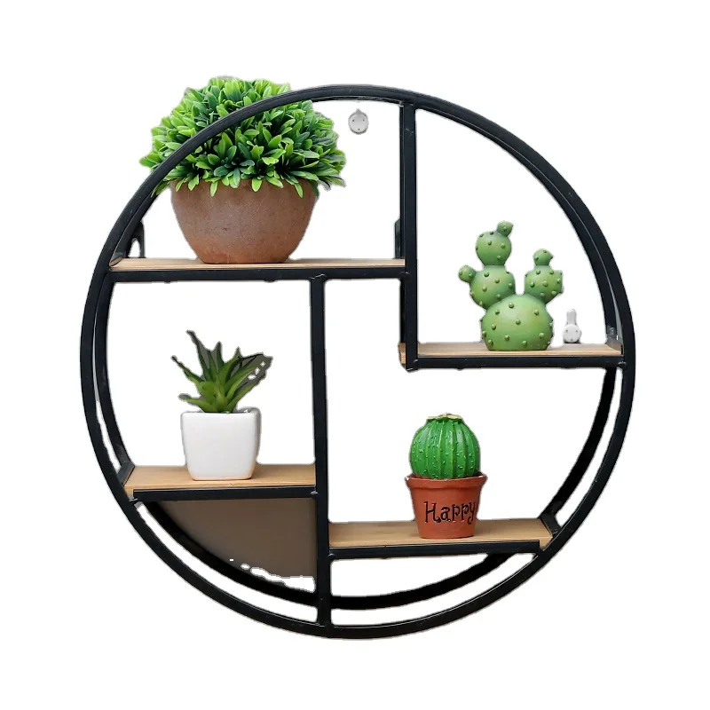 Circle Metal Frame Wooden Board Storage Rack Customized Floating Mounted Wall Storage Shelf