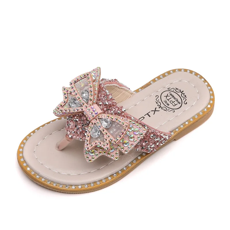  Fashion princess rhinestones sequins bow knot sandals summer outdoor girls kids non-slip flip flops