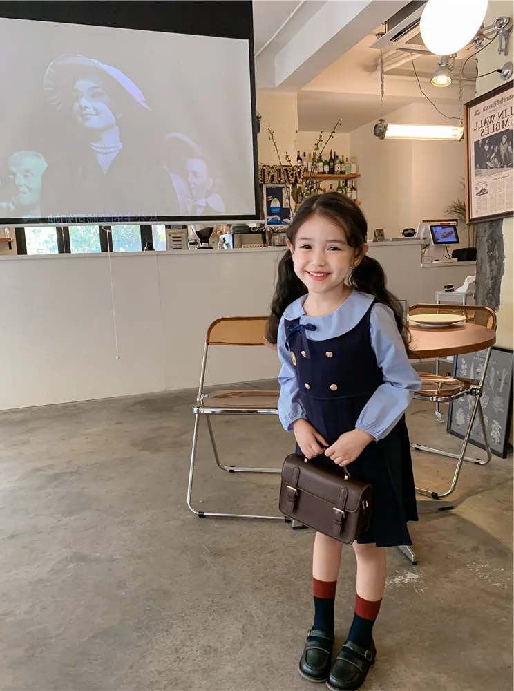 2 Pcs Children Chiffon Elegant Base Shirts With V-neck Tweed Vest Skirt Design Casual Clothing Set Autumn Clothes Suits