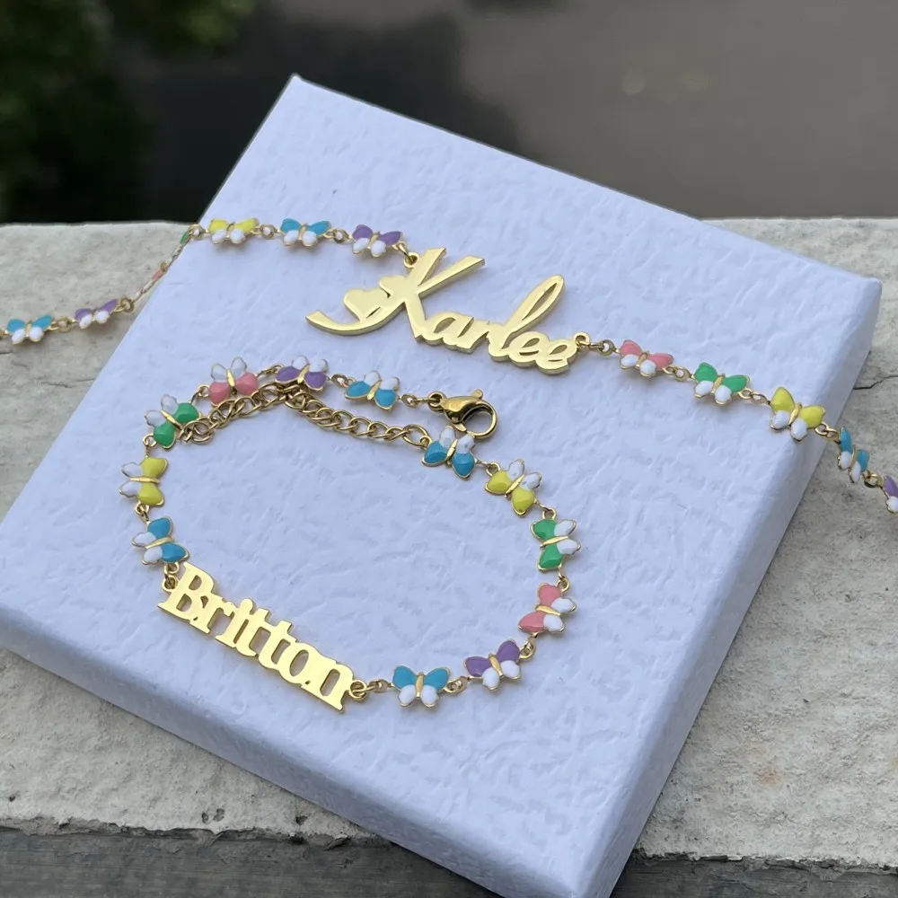 QIUHAN Mixed Color Enamel Nameplate Bracelet Stainless Steel Custom Name Butterfly Necklace