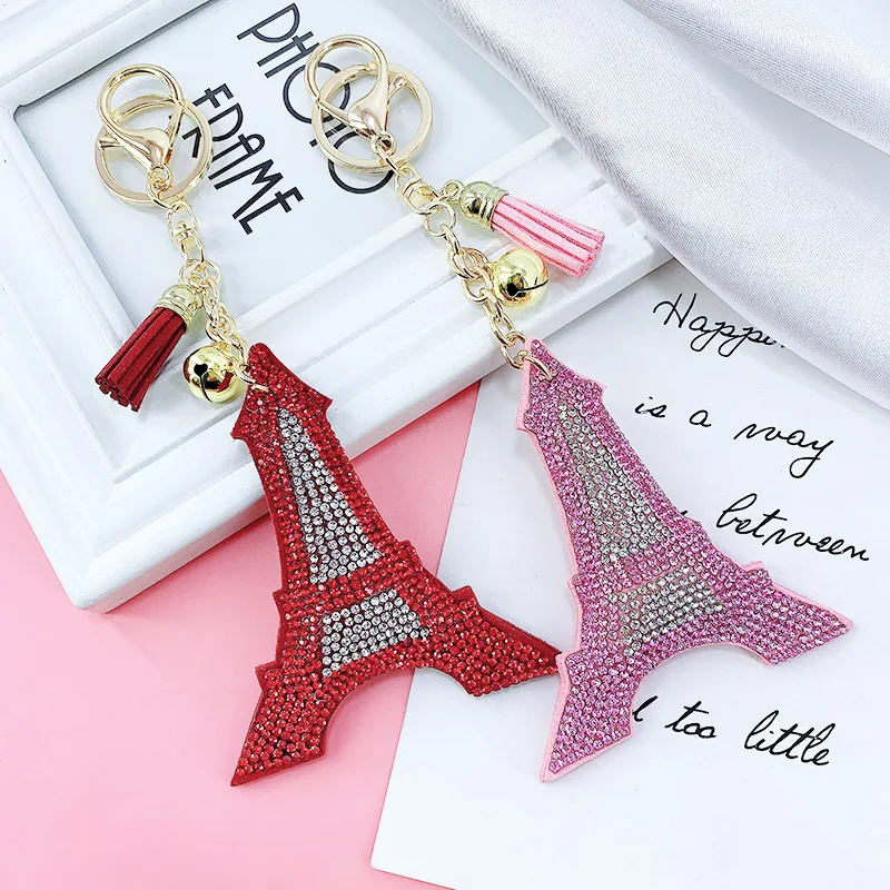 Creative Korean Velvet Rhinestone Paris Paris Eiffel Tower Keychain Pendant Bag Tassel Car Charm
