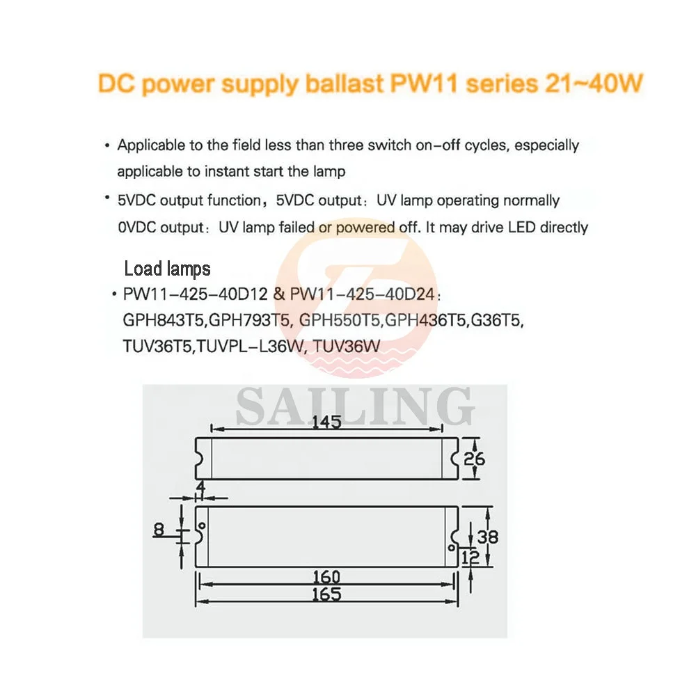 Small size UV lamp 4W 6W 8W 10W Ultraviolet light air purifier DC24V POWER SUPPLY lamp driver PH15-180-10D24 Electronic Ballast