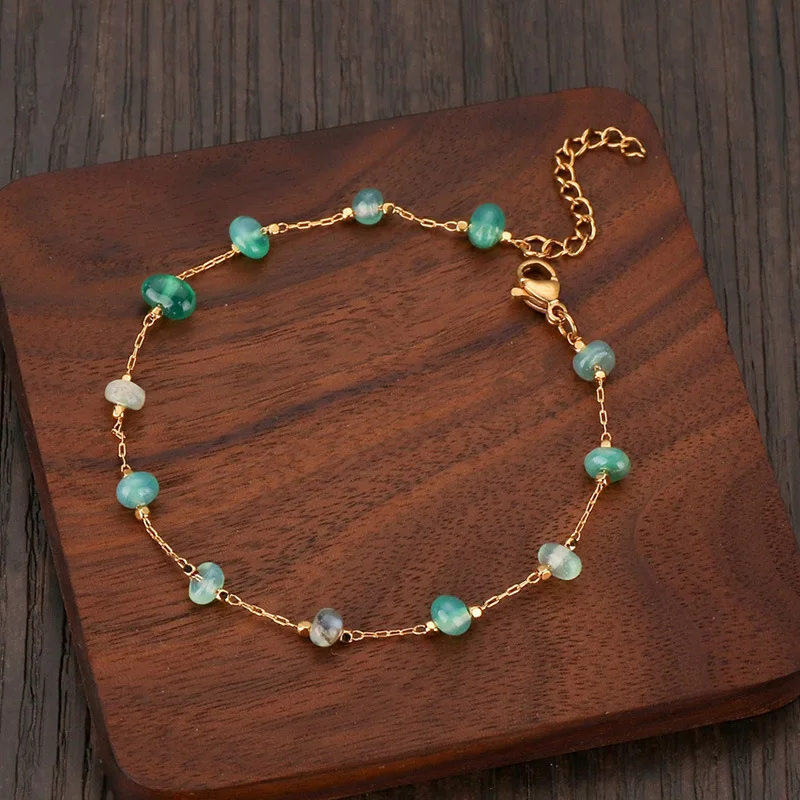 New Natural Stone Rose Quartz Tiger Eye Beads Bracelet Gold Plated Stainless Steel Chain Crushed Natural Stone Bracelet