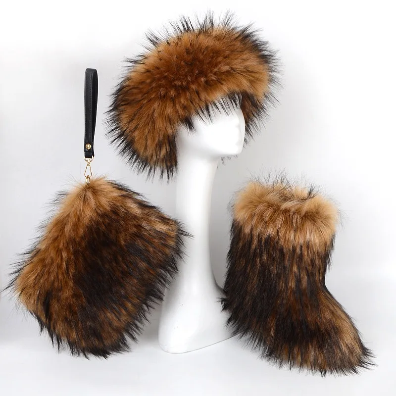 
2020 women winter kids faux fur boots set with headband and bag kids fur boot and purses sets Hot sale products 