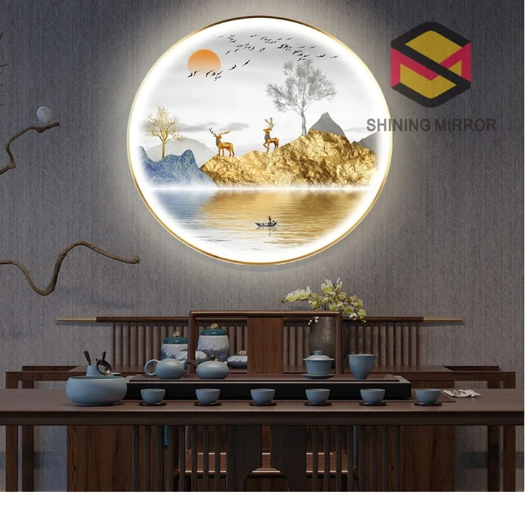 Customized Decorative 3d 5d   Art Pictures aluminum frame large round wall hanging with led light painting for sale