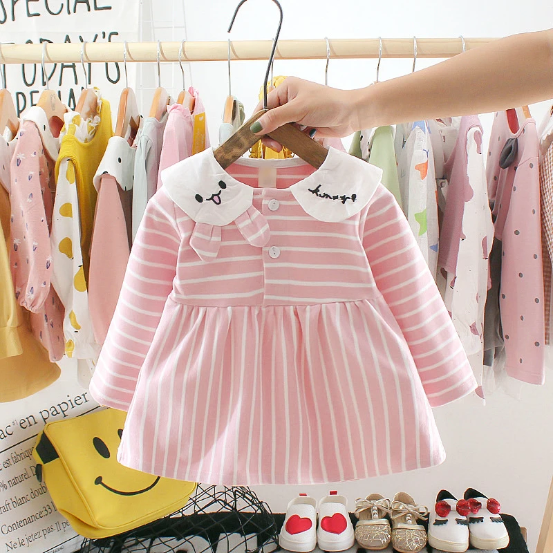 Wholesale cute autumn long sleeve princess dress for baby girl 0-3 years old Long sleeve shirt collar dress girls skirt