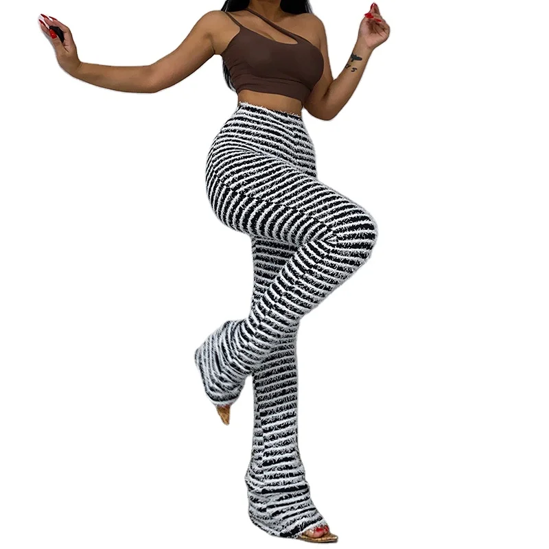 Furry High Waist Stripe Print Sexy Pants Leggings 2023 Spring Fall Women Fashion Casual Trouser
