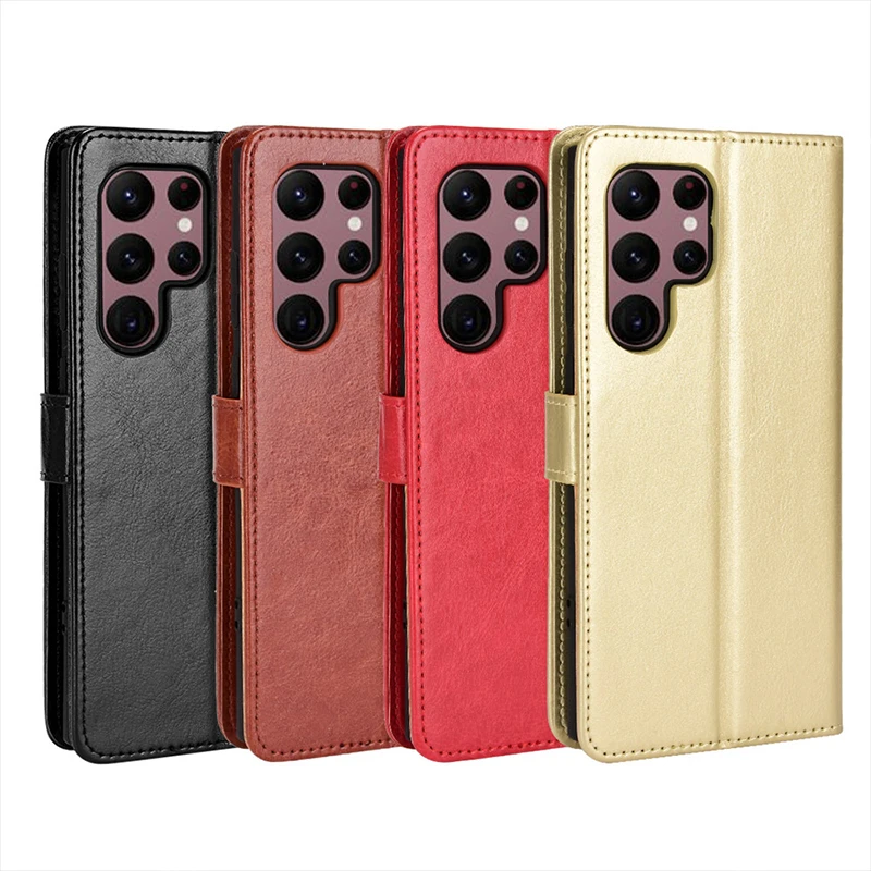 For S23 S22 Ultra 5G Samsung Galaxy Mobile Phone Case Pu Crazy Horse Leather Card Slots Holder Cover