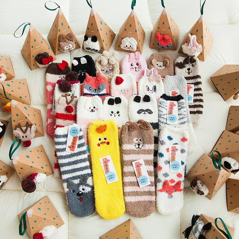 Winter Cute Animal Soft Warm Fuzzy Fluffy Women Girls Children 3D Christmas Socks with Gift Box
