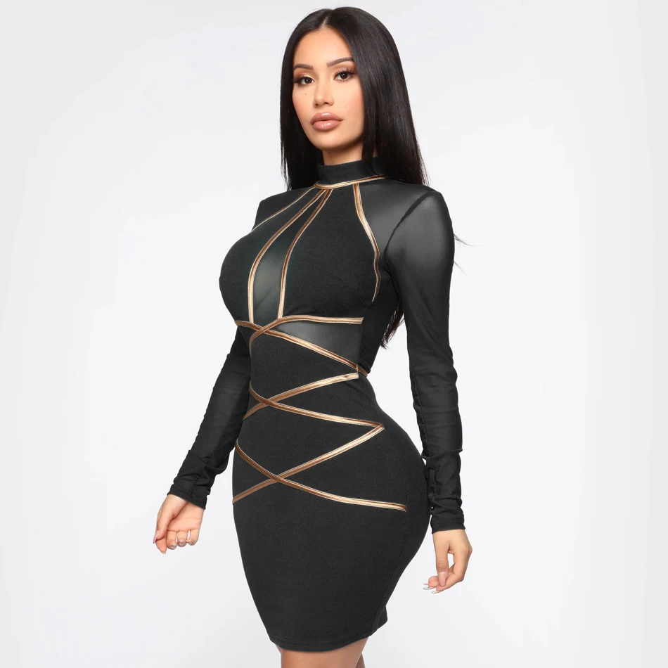 Shine Popular Black Long Sleeve Fashion Casual Dress Sexy Package Hip Bodycon Mini dresses