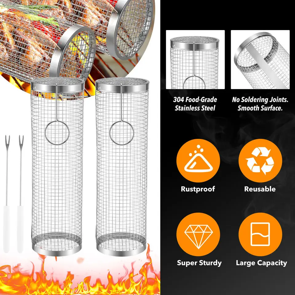 Rolling Grilling Basket Barbecue Grill Accessories Barbecue Rack Stainless Steel wire mesh