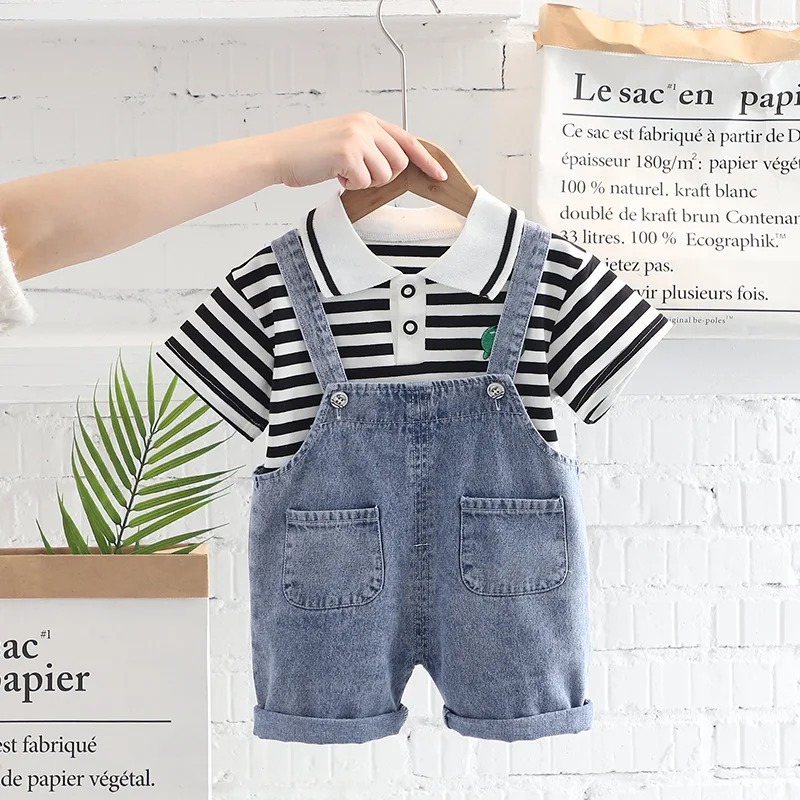 Summer Kids Suits 2pcs Cotton Striped Casual Sports Baby Boy Clothing Set A0388